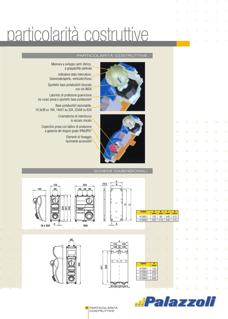 3x38 su 16A, 14x51 su 32A, 22x58 su 63A Cinematismo di interblocco in acciaio zincato Coperchio presa con labbro di protezione a garanzia del doppio grado IP66/IP67 Elementi di fissaggio