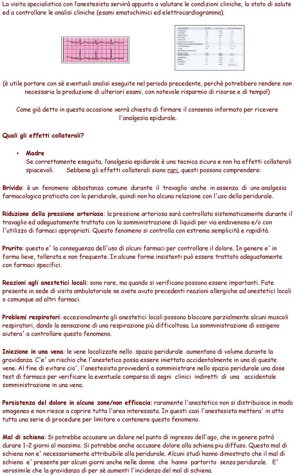 ) Come già detto in questa occasione verrà chiesto di firmare il consenso informato per ricevere l'analgesia epidurale. Quali gli effetti collaterali?