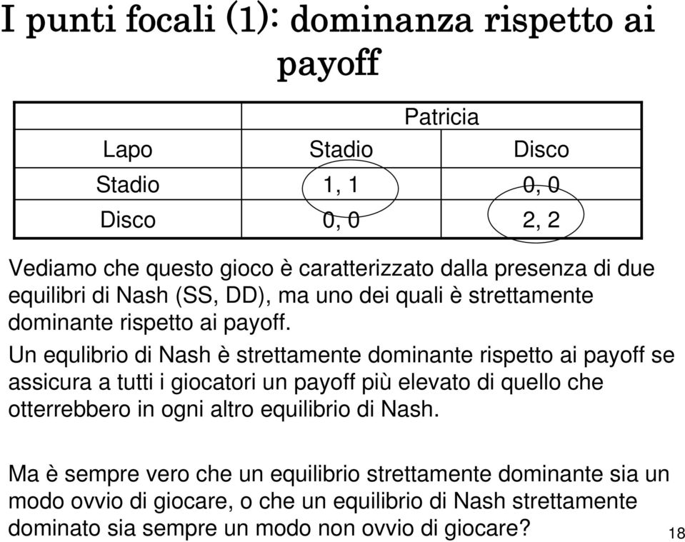 Un equlibrio di Nash è strettamente dominante rispetto ai payoff se assicura a tutti i giocatori un payoff più elevato di quello che otterrebbero in ogni