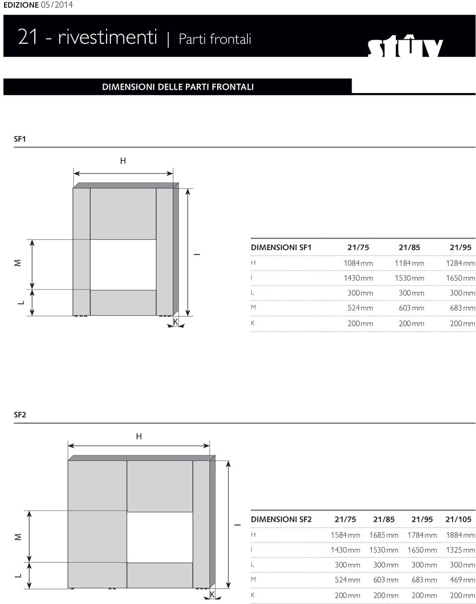 mm 200 mm 200 mm 200 mm A B G SF2 I dimensioni SF2 21/75 21/85 21/95 21/105 1584 mm 1685 mm 1784 mm 1884 mm I 1430