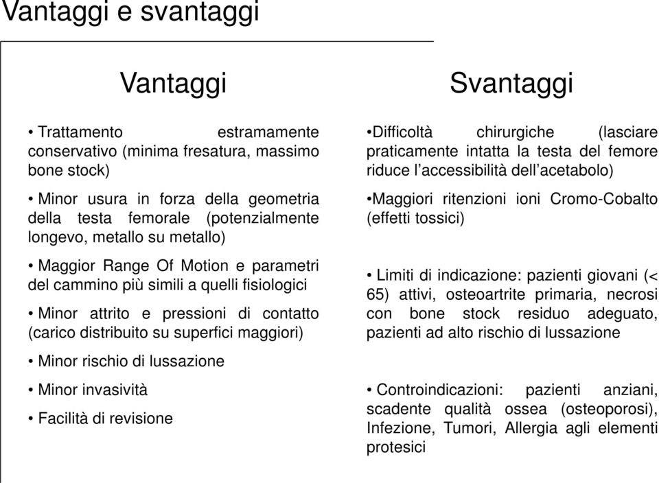 Minor invasività Vantaggi Facilità di revisione Svantaggi Difficoltà chirurgiche (lasciare praticamente intatta la testa del femore riduce l accessibilità dell acetabolo) Maggiori ritenzioni ioni