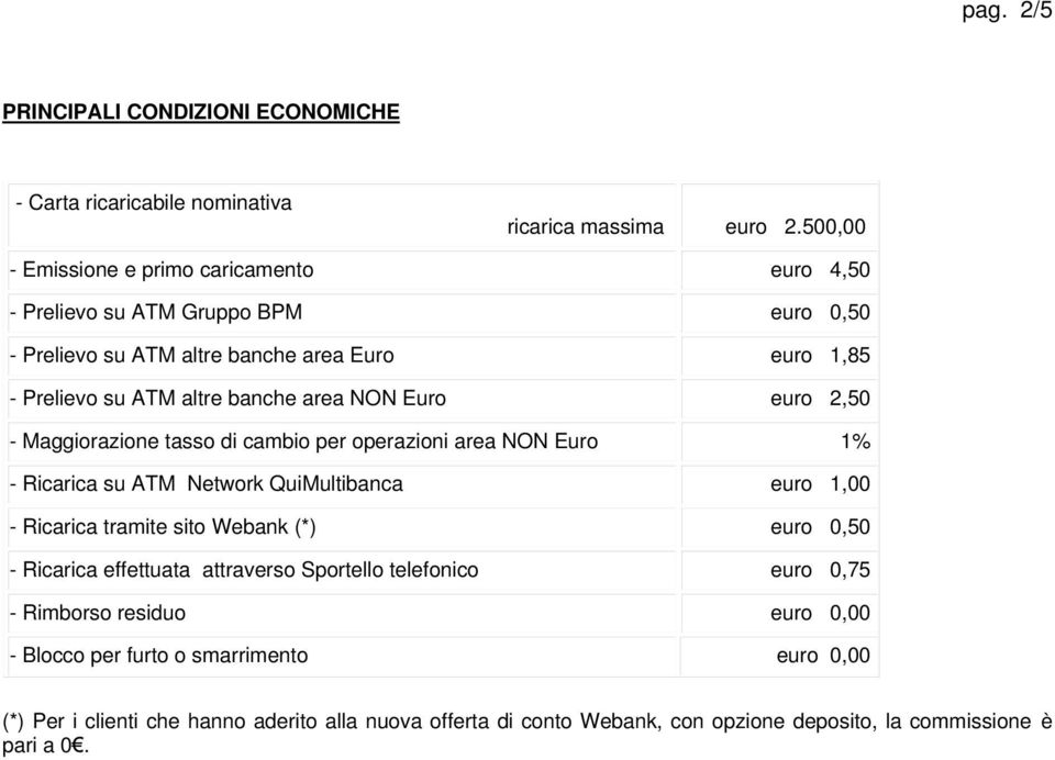 NON Euro euro 2,50 - Maggiorazione tasso di cambio per operazioni area NON Euro 1% - Ricarica su ATM Network QuiMultibanca euro 1,00 - Ricarica tramite sito Webank (*) euro