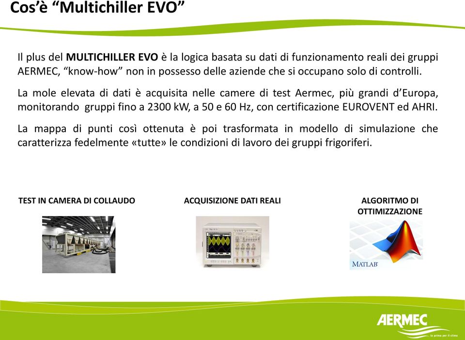 La mole elevata di dati è acquisita nelle camere di test Aermec, più grandi d Europa, monitorando gruppi fino a 2300 kw, a 50 e 60 Hz, con