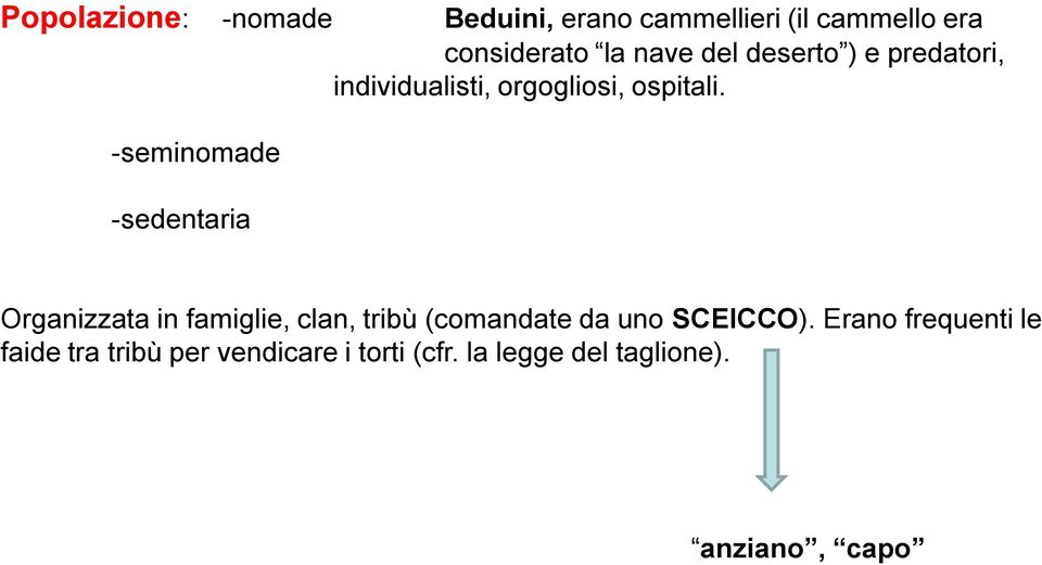 -seminomade -sedentaria Organizzata in famiglie, clan, tribù (comandate da uno