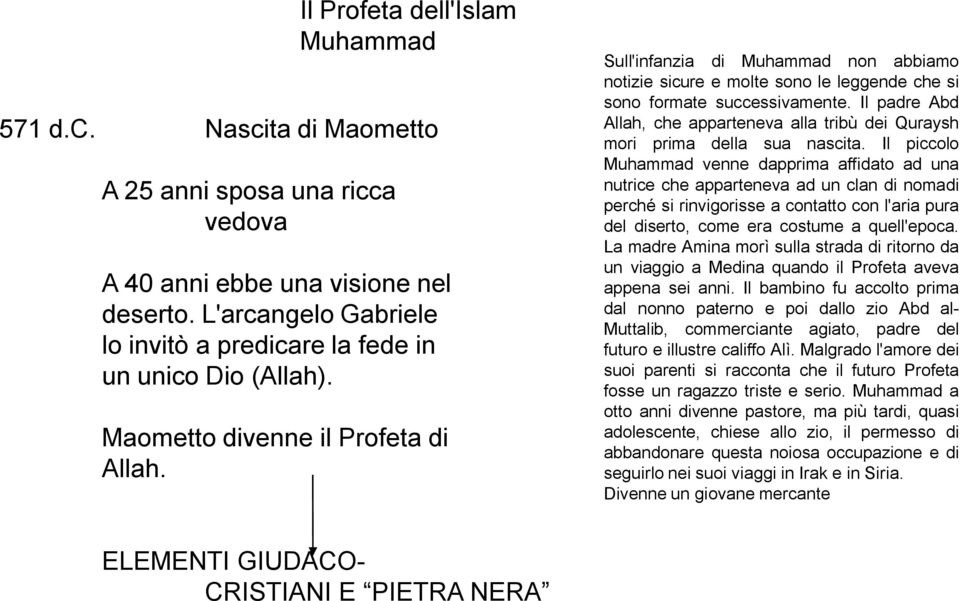 Sull'infanzia di Muhammad non abbiamo notizie sicure e molte sono le leggende che si sono formate successivamente.