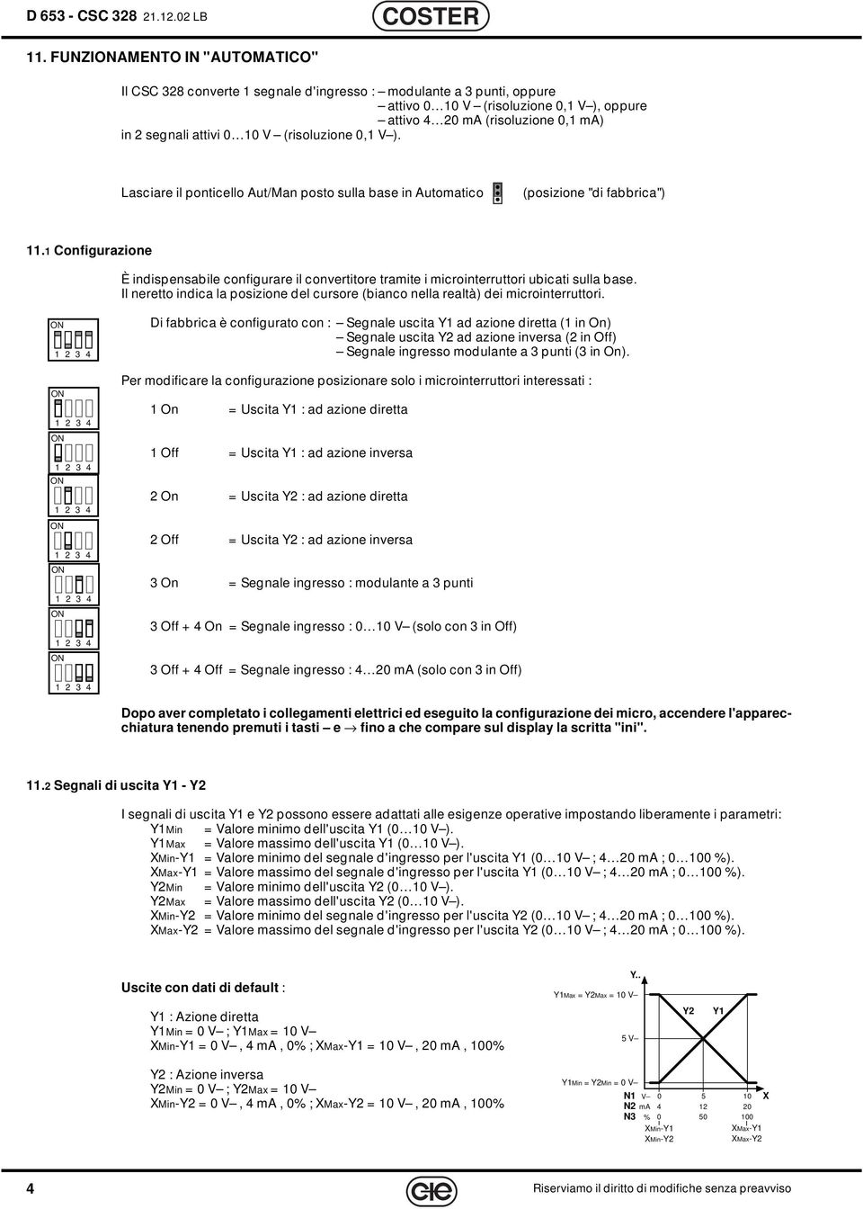 V (risoluzione 0,1 V ). Lasciare il ponticello Aut/Man posto sulla base in Automatico (posizione "di fabbrica") 11.