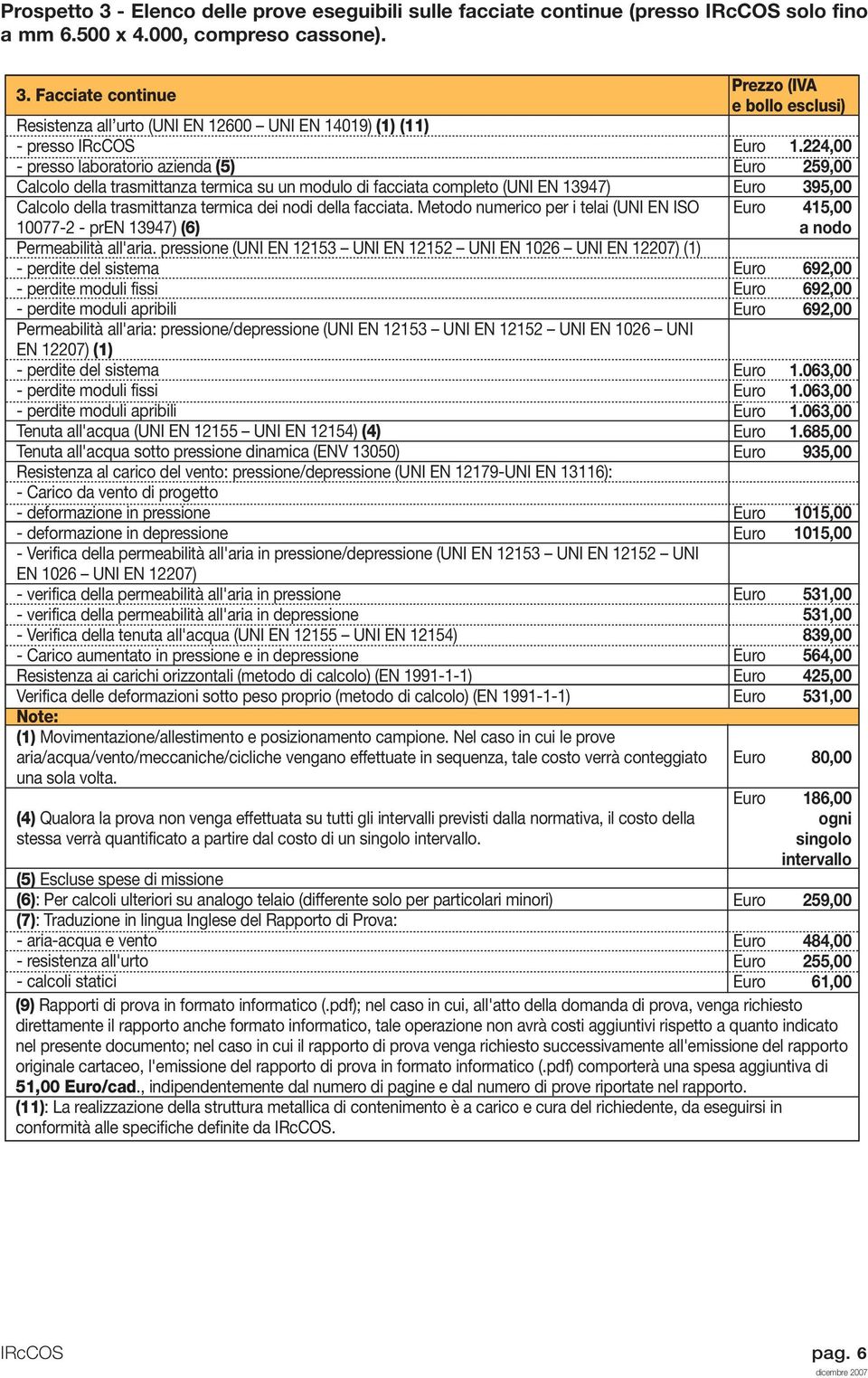 Facciate continue Resistenza all urto (UNI EN 12600 UNI EN 14019) (1) (11) - presso IRcCOS - presso laboratorio azienda (5) Calcolo della trasmittanza termica su un modulo di facciata completo (UNI