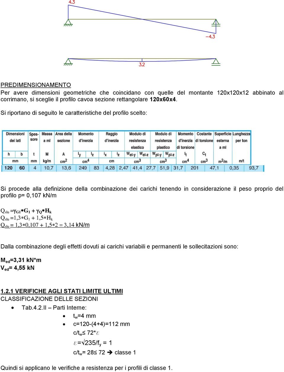 G1 G 1 + Q H k Q slu = G 1 + H k Q slu = 0,107 + kn/m Dalla combinazione degli effetti dovuti ai carichi variabili e permanenti le sollecitazioni sono: M ed =3,31 kn*m V ed = 4,55 kn 1.2.