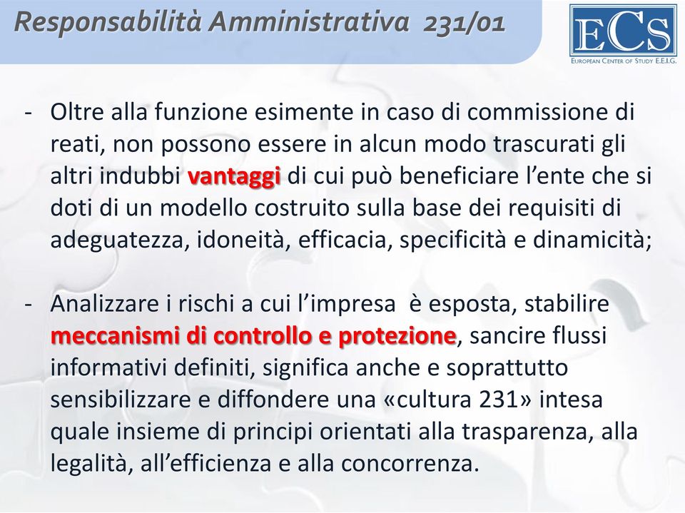 Analizzare i rischi a cui l impresa è esposta, stabilire meccanismi di controllo e protezione, sancire flussi informativi definiti, significa anche e