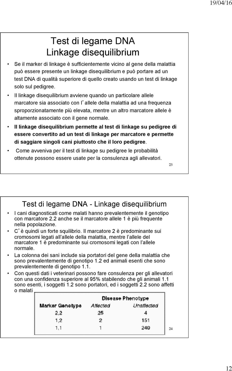 Il linkage disequilibrium avviene quando un particolare allele marcatore sia associato con l allele della malattia ad una frequenza sproporzionatamente più elevata, mentre un altro marcatore allele è