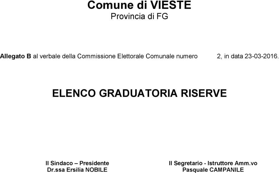 ELENCO GRADUATORIA RISERVE Il Sindaco Presidente Dr.