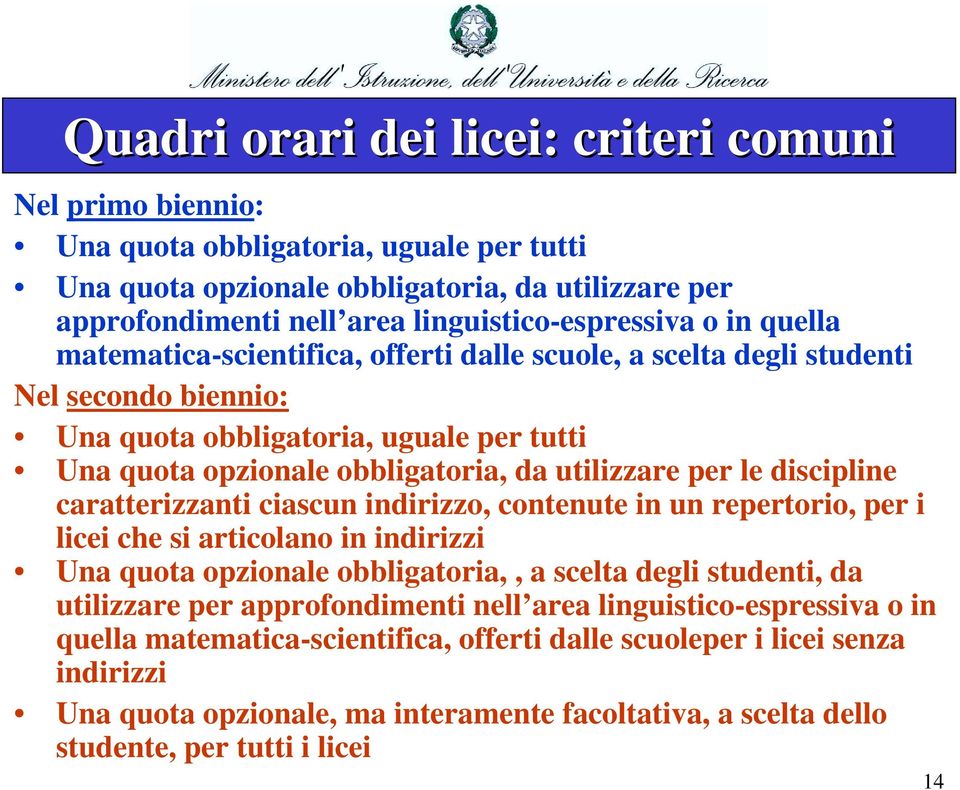 discipline caratterizzanti ciascun indirizzo, contenute in un repertorio, per i licei che si articolano in indirizzi Una quota opzionale obbligatoria,, a scelta degli studenti, da utilizzare per