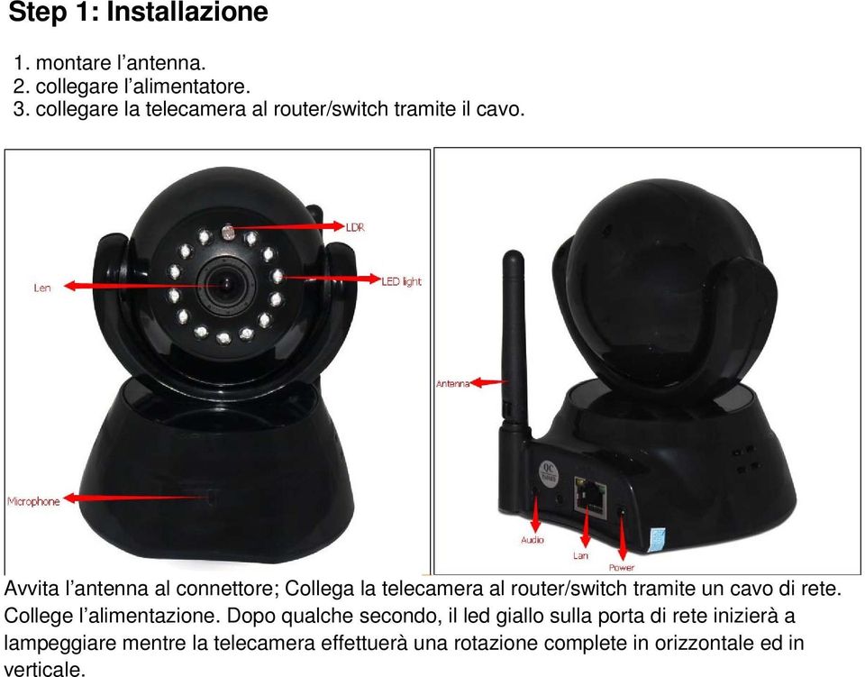 Avvita l antenna al connettore; Collega la telecamera al router/switch tramite un cavo di rete.