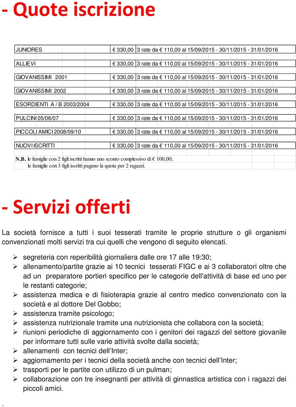 15/09/2015-30/11/2015-31/01/2016 PULCINI 05/06/07 330,00 3 rate da 110,00 al 15/09/2015-30/11/2015-31/01/2016 PICCOLI AMICI 2008/09/10 330,00 3 rate da 110,00 al 15/09/2015-30/11/2015-31/01/2016