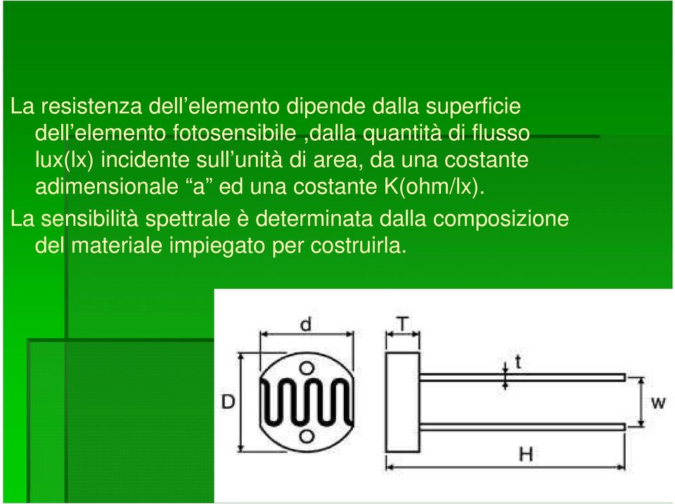 area, da una costante adimensionale a ed una costante K(ohm/lx).