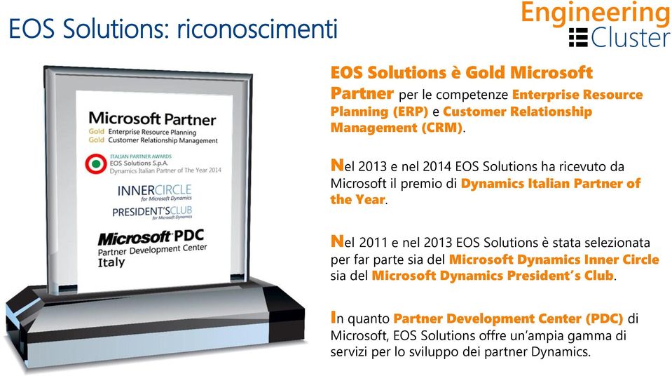 Nel 2011 e nel 2013 EOS Solutions è stata selezionata per far parte sia del Microsoft Dynamics Inner Circle sia del Microsoft Dynamics
