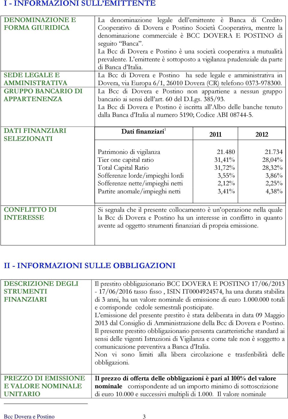 La Bcc di Dovera e Postino è una società cooperativa a mutualità prevalente. L emittente è sottoposto a vigilanza prudenziale da parte di Banca d Italia.