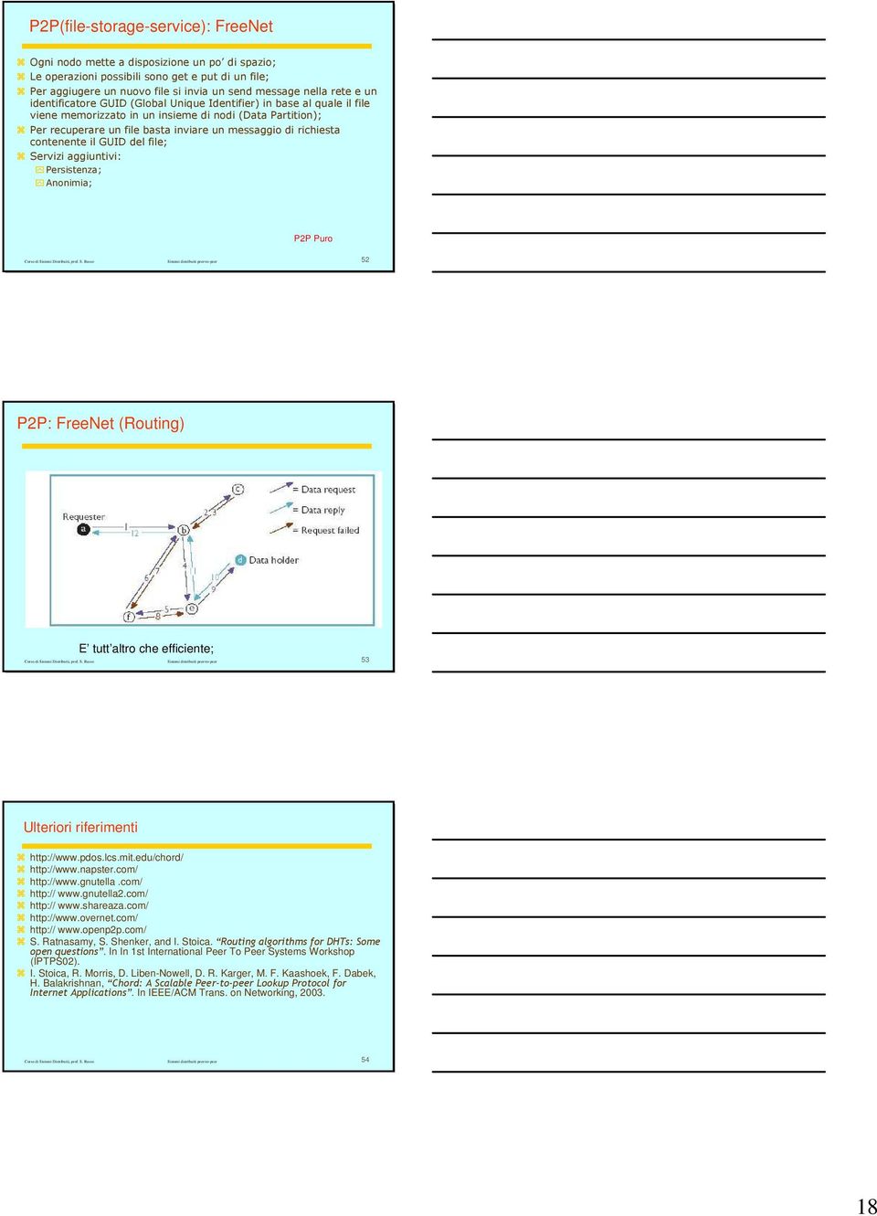 contenente il GUID del file; Servizi aggiuntivi: Persistenza; Anonimia; P2P Puro Corso di Sistemi Distribuiti, prof. S. Russo Sistemi distribuiti peer-to-peer 52 P2P: FreeNet (Routing) E tutt altro che efficiente; Corso di Sistemi Distribuiti, prof.