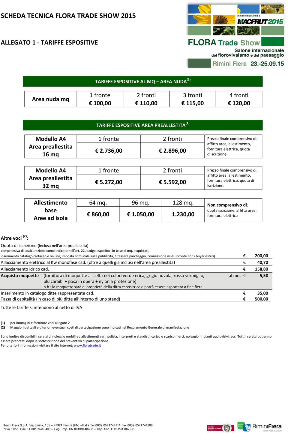 128 mq. 860,00 1.050,00 1.230,00 Prezzo finale comprensivo di: affitto area, allestimento, fornitura elettrica, quota d iscrizione.