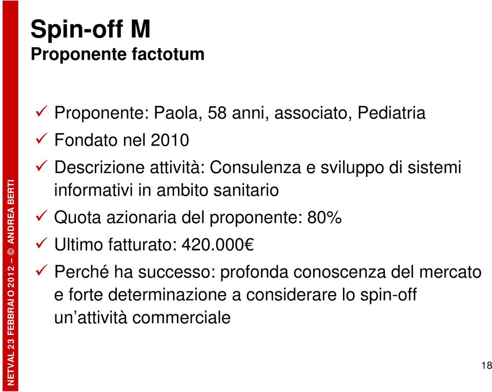 Quota azionaria del proponente: 80% Ultimo fatturato: 420.