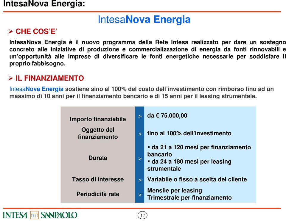IL FINANZIAMENTO IntesaNova Energia sostiene sino al 100% del costo dell investimento con rimborso fino ad un massimo di 10 anni per il finanziamento bancario e di 15 anni per il leasing strumentale.
