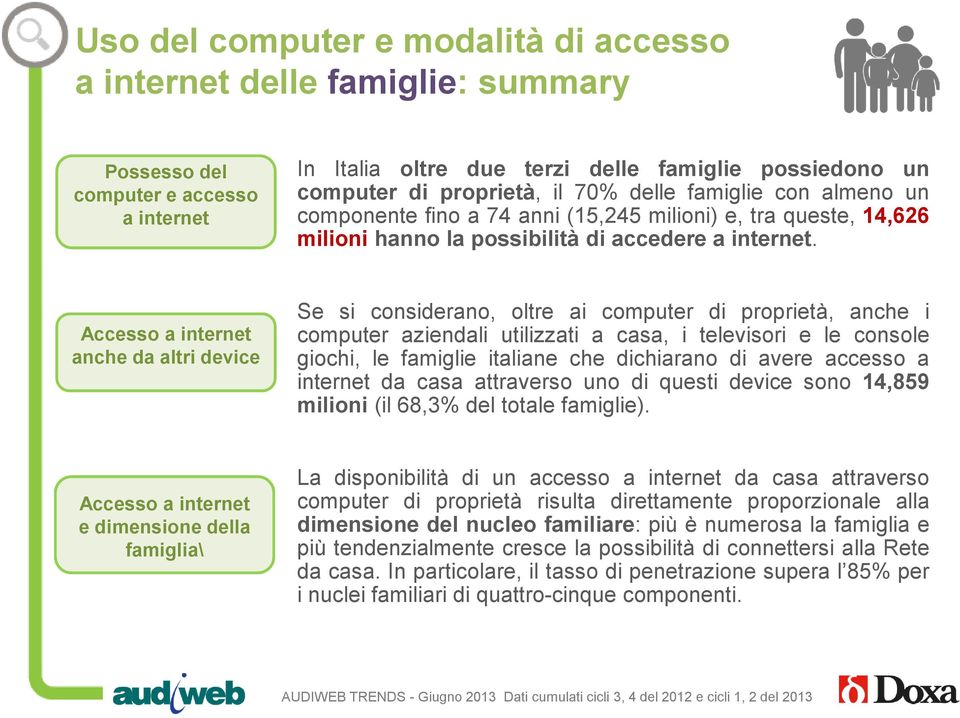 Accesso a internet anche da altri device Se si considerano, oltre ai computer di proprietà, anche i computer aziendali utilizzati a casa, i televisori e le console giochi, le famiglie italiane che