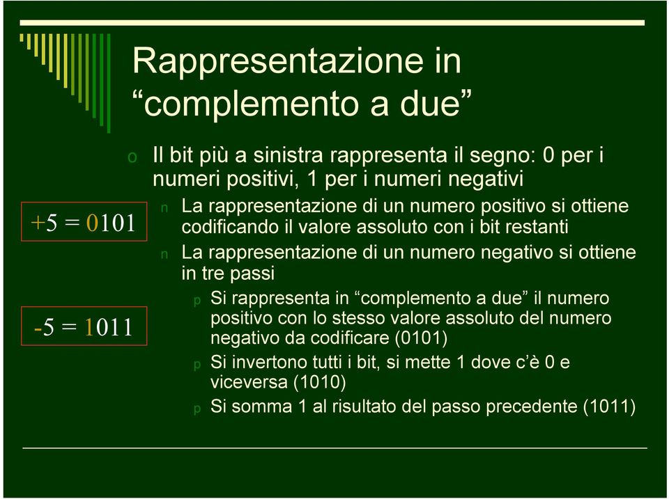 numero negativo si ottiene in tre passi p Si rappresenta in complemento a due il numero positivo con lo stesso valore assoluto del numero