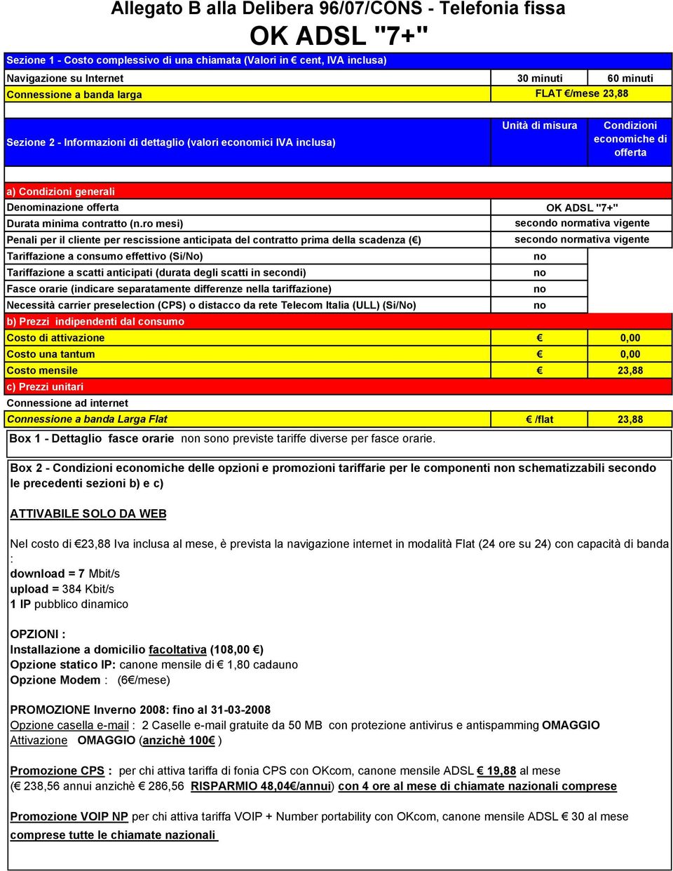 Box 2 - ecomiche delle opzioni e promozioni tariffarie per le componenti n schematizzabili secondo ATTIVABILE SOLO DA WEB Nel costo di 23,88 Iva inclusa al mese, è prevista la navigazione internet in