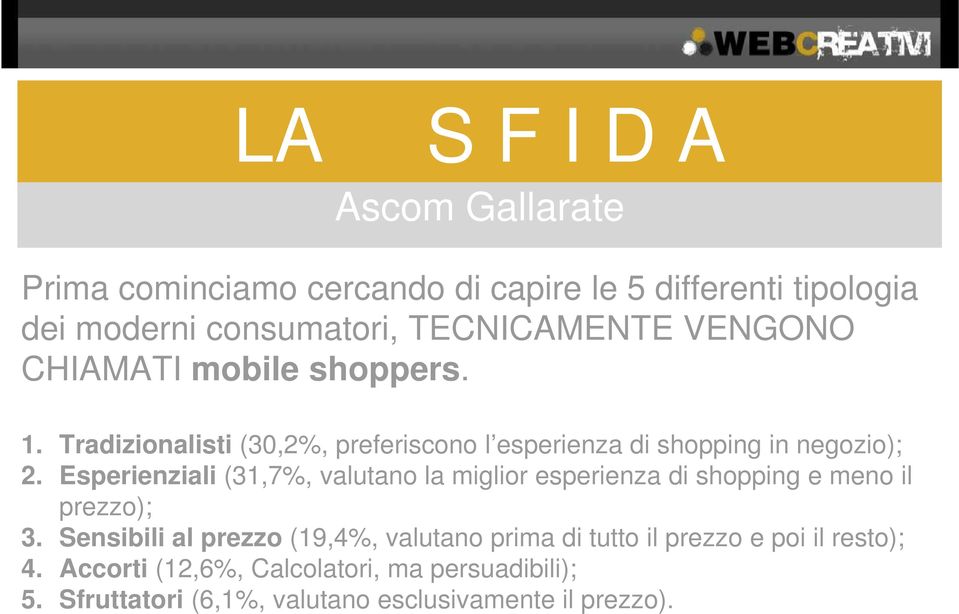 Esperienziali (31,7%, valutano la miglior esperienza di shopping e meno il prezzo); 3.