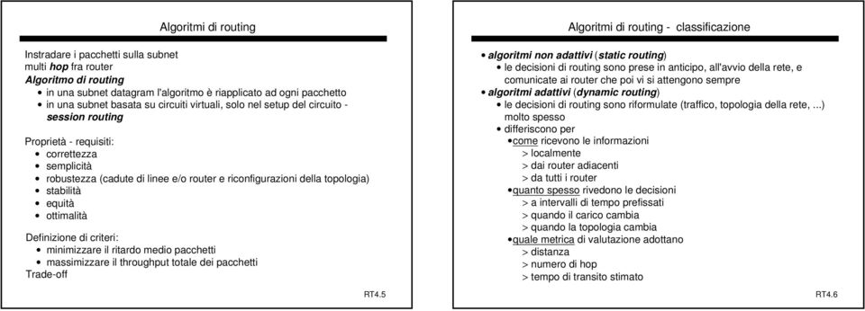 ottimalità Definizione di criteri: minimizzare il ritardo medio pacchetti massimizzare il throughput totale dei pacchetti Trade-off RT4.