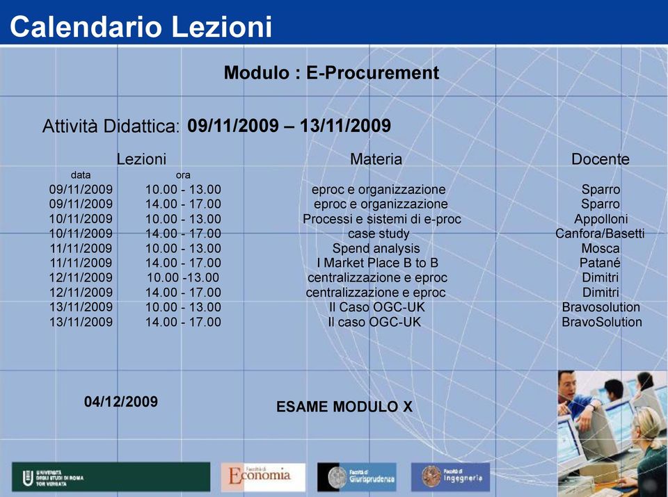 00-13.00 Spend analysis Mosca 11/11/2009 14.00-17.00 I Market Place B to B Patané 12/11/2009 10.00-13.00 centralizzazione e eproc Dimitri 12/11/2009 14.00-17.00 centralizzazione e eproc Dimitri 13/11/2009 10.