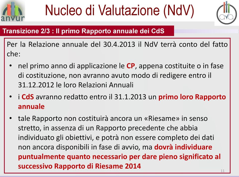 2012 le loro Relazioni Annuali i CdS avranno redatto entro il 31.1.2013 un primo loro Rapporto annuale tale Rapporto non costituirà ancora un «Riesame» in senso stretto, in assenza