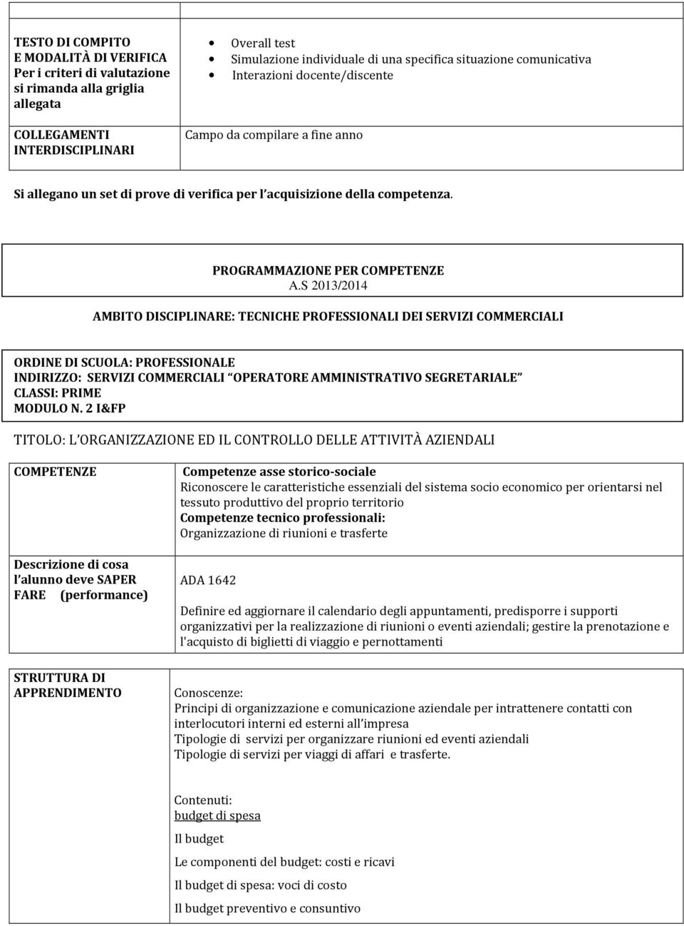 S 2013/2014 AMBITO DISCIPLINARE: TECNICHE PROFESSIONALI DEI SERVIZI COMMERCIALI ORDINE DI SCUOLA: PROFESSIONALE INDIRIZZO: SERVIZI COMMERCIALI OPERATORE AMMINISTRATIVO SEGRETARIALE CLASSI: PRIME