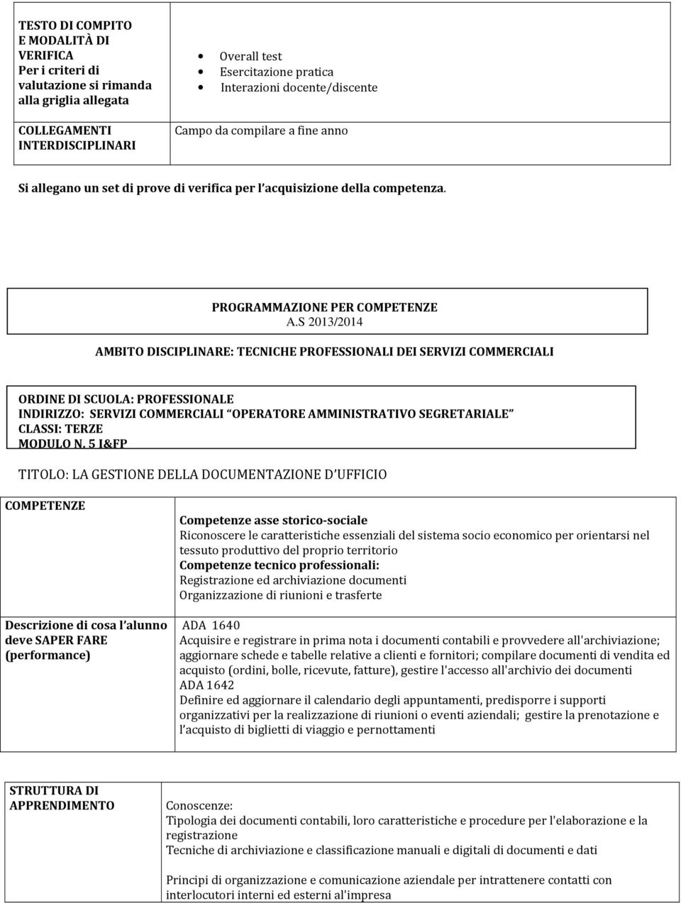 S 2013/2014 AMBITO DISCIPLINARE: TECNICHE PROFESSIONALI DEI SERVIZI COMMERCIALI ORDINE DI SCUOLA: PROFESSIONALE INDIRIZZO: SERVIZI COMMERCIALI OPERATORE AMMINISTRATIVO SEGRETARIALE CLASSI: TERZE