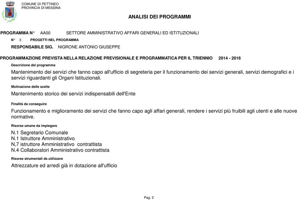 2014-2016 Mantenimento dei servizi che fanno capo all'ufficio di segreteria per il funzionamento dei servizi generali, servizi demografici e i servizi riguardanti gli Organi Istituzionali.