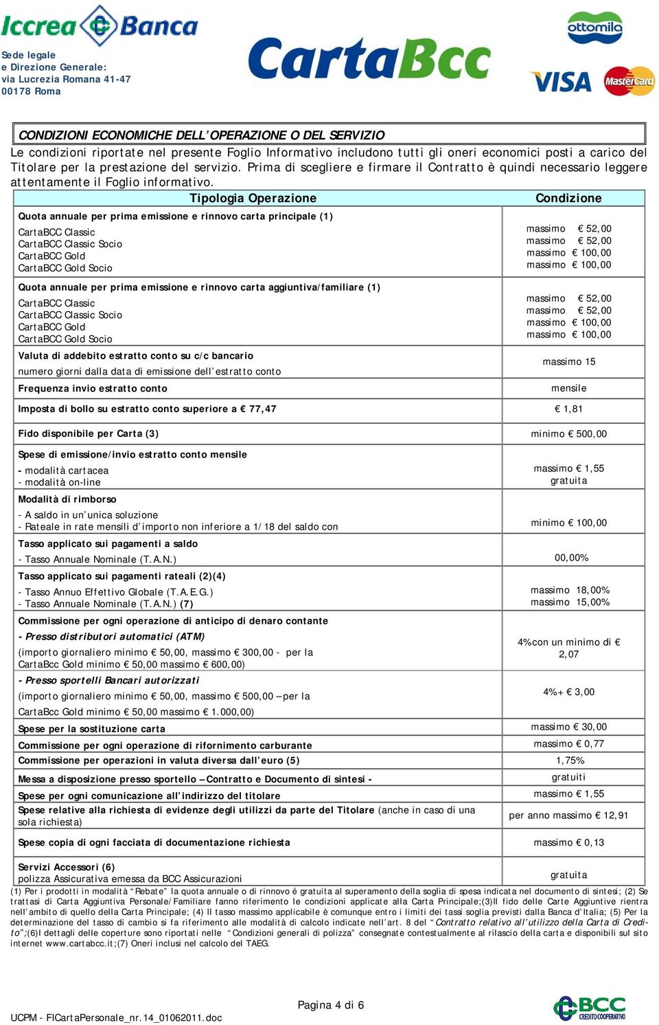 Tipologia Operazione Condizione Quota annuale per prima emissione e rinnovo carta principale (1) CartaBCC Classic CartaBCC Classic Socio CartaBCC Gold CartaBCC Gold Socio Quota annuale per prima