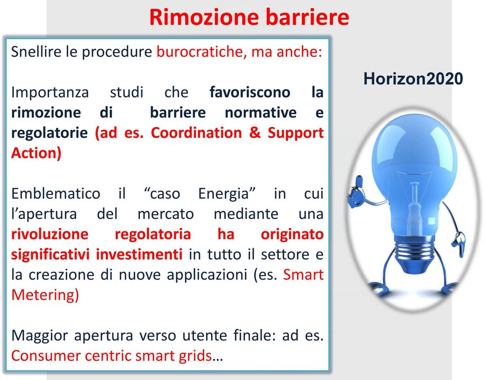 Coordination & Support Action) Horizon2020 Emblematico il caso Energia in cui l apertura del mercato mediante una