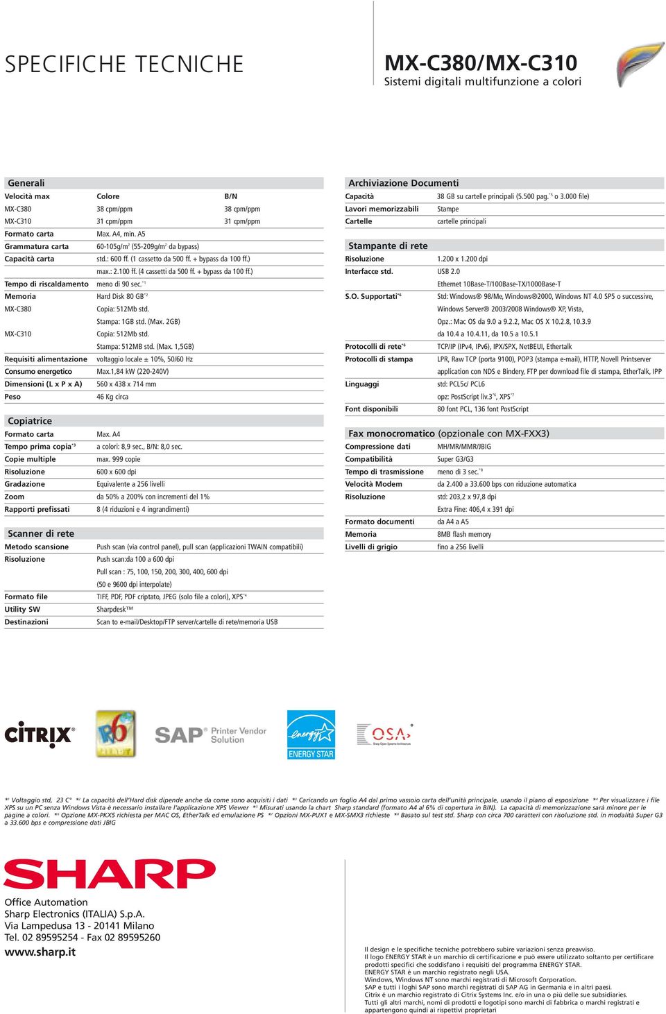 *1 Memoria Hard Disk 80 GB *2 MX-C380 Copia: 512Mb std. Stampa: 1GB std. (Max. 2GB) MX-C310 Copia: 512Mb std. Stampa: 512MB std. (Max. 1,5GB) Requisiti alimentazione voltaggio locale ± 10%, 50/60 Hz Consumo energetico Max.