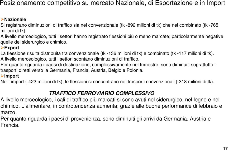 Export La flessione risulta distribuita tra convenzionale (tk -136 milioni di tk) e combinato (tk -117 milioni di tk). A livello merceologico, tutti i settori scontano diminuzioni di traffico.