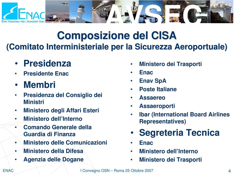 Ministero della Difesa Agenzia delle Dogane Ministero dei Trasporti Enac Enav SpA Poste Italiane Assaereo Assaeroporti Ibar (International