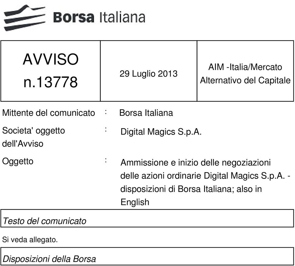 Borsa Italiana Societa' oggetto dell'avviso : Digital Magics S.p.A.