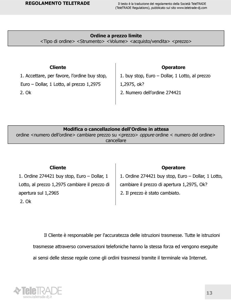 Numero dell ordine 274421 Modifica o cancellazione dell Ordine in attesa ordine <numero dell ordine> cambiare prezzo su <prezzo> oppure ordine < numero del ordine> cancellare Cliente 1.