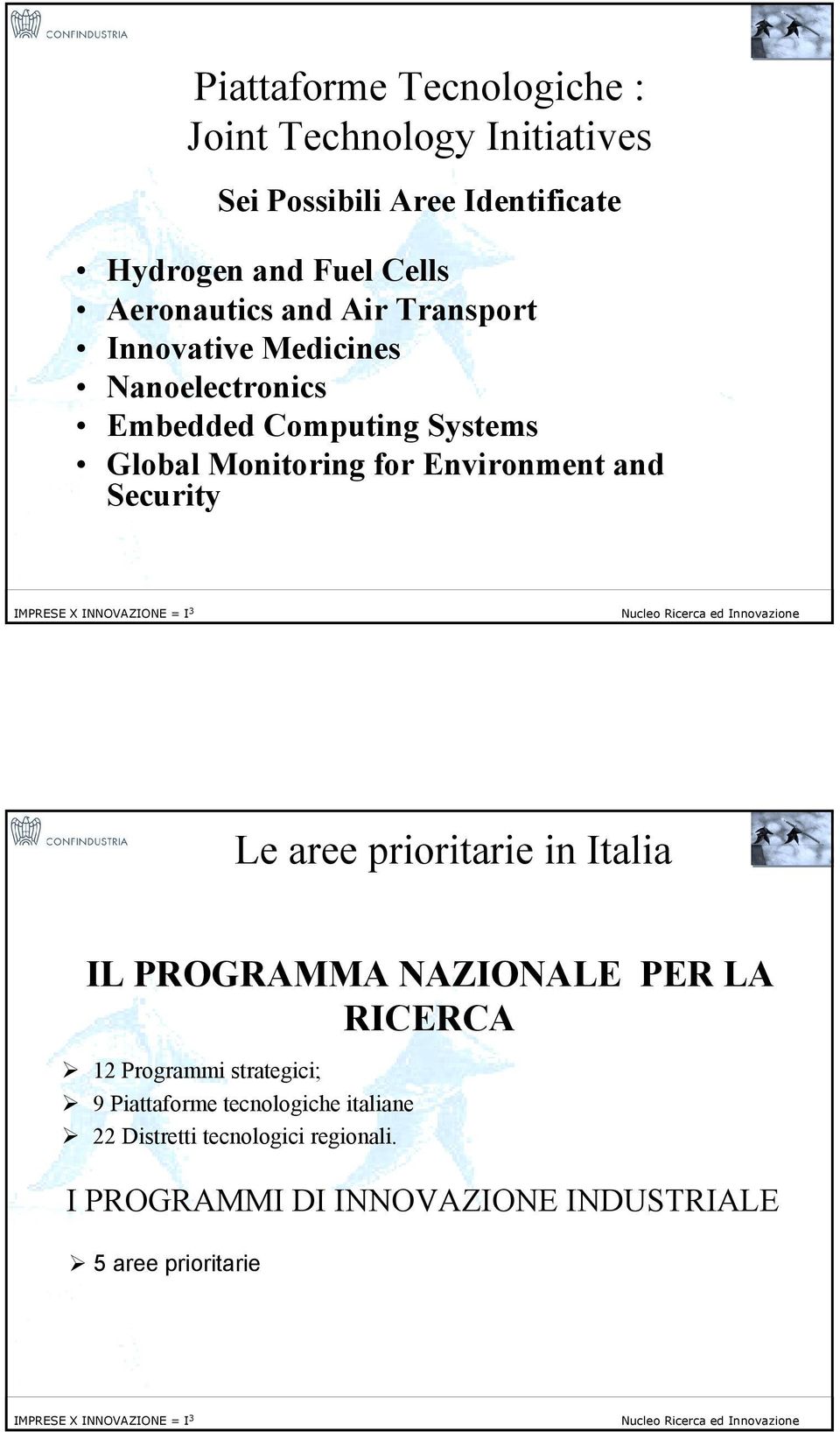 Environment and Security 18 Le aree prioritarie in Italia IL PROGRAMMA NAZIONALE PER LA RICERCA! 12 Programmi strategici;!