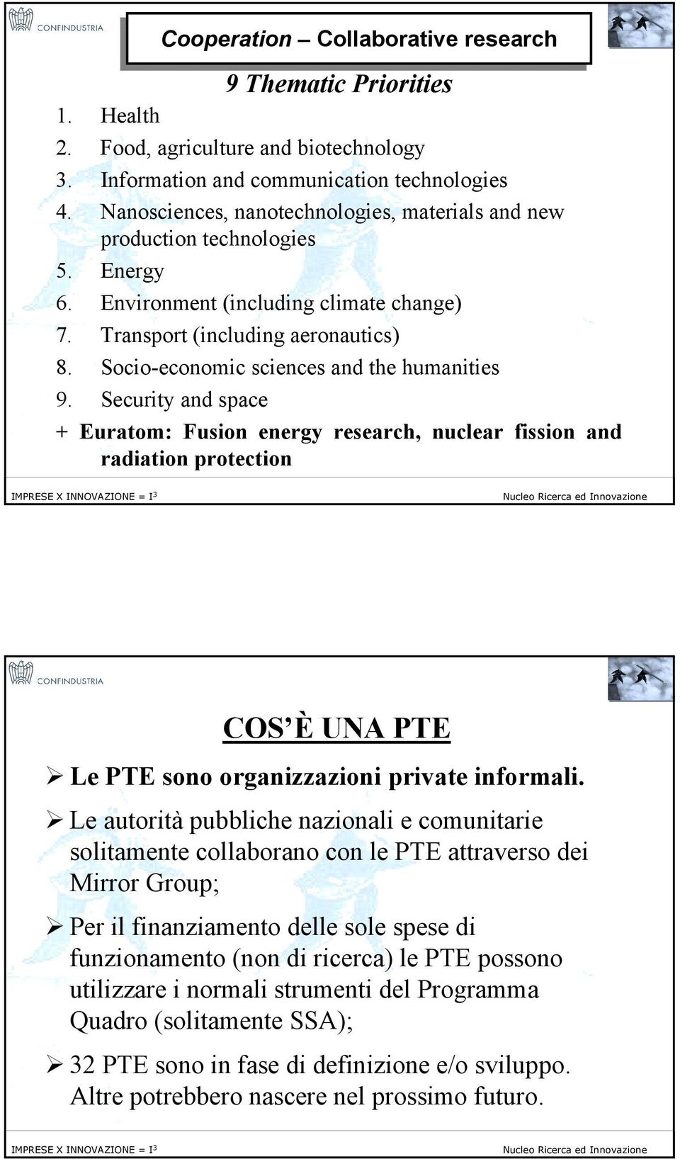 Socio-economic sciences and the humanities 9. Security and space + Euratom: Fusion energy research, nuclear fission and radiation protection 10 COS È UNA PTE!