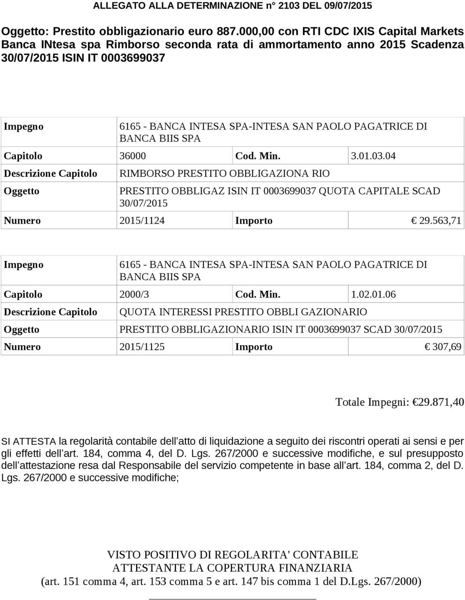 PAGATRICE DI BANCA BIIS SPA Capitolo 36000 Cod. Min. 3.01.03.