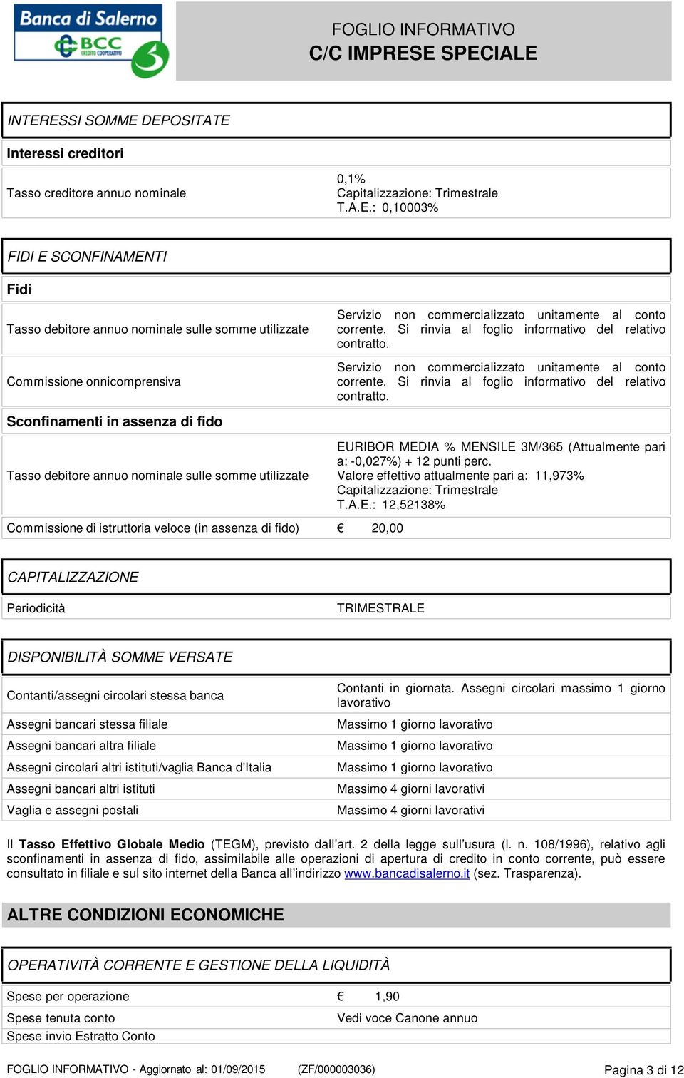 perc. Valore effettivo attualmente pari a: 11,973% Capitalizzazione: Trimestrale T.A.E.