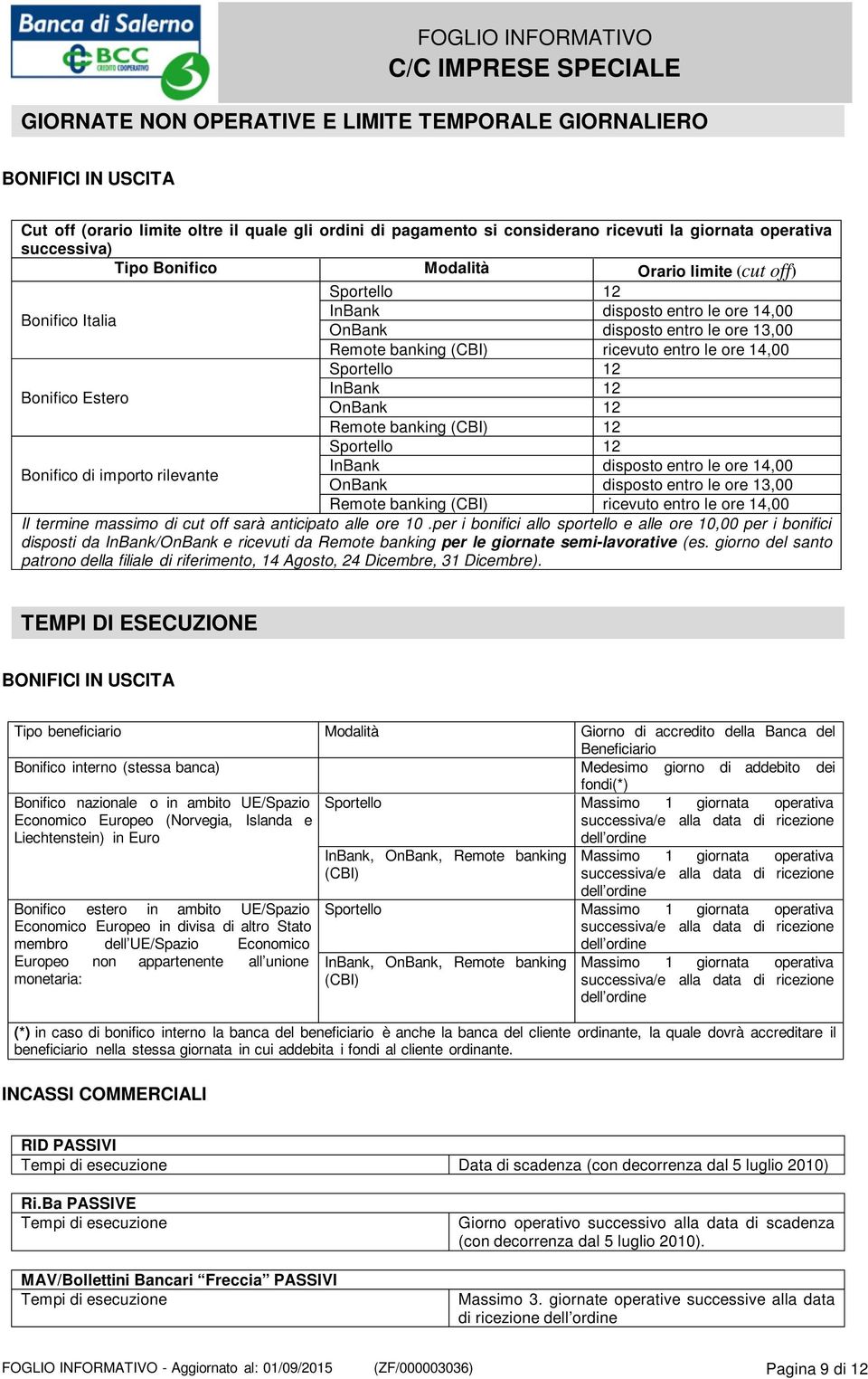 14,00 Sportello 12 InBank 12 OnBank 12 Remote banking (CBI) 12 Sportello 12 InBank disposto entro le ore 14,00 Bonifico di importo rilevante OnBank disposto entro le ore 13,00 Remote banking (CBI)