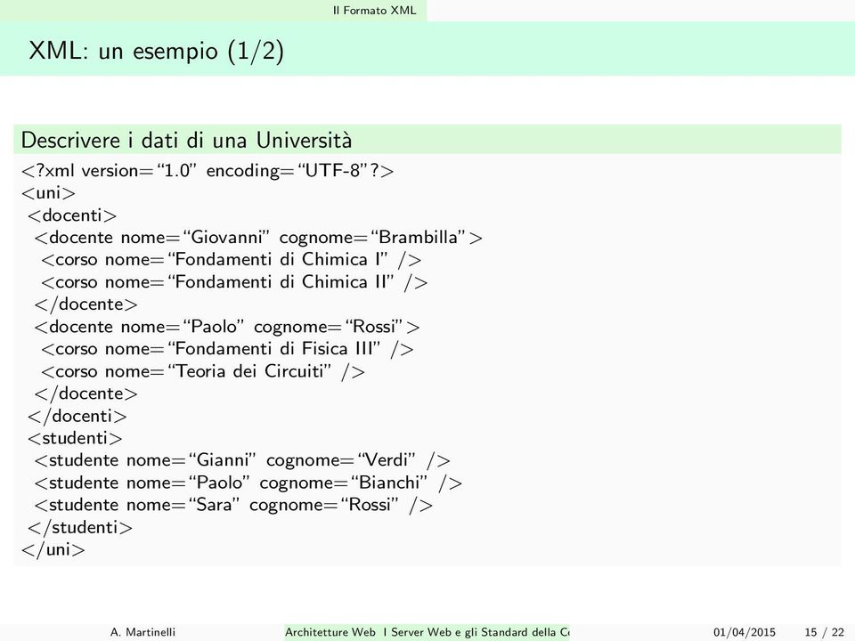 <docente nome= Paolo cognome= Rossi > <corso nome= Fondamenti di Fisica III /> <corso nome= Teoria dei Circuiti /> </docente> </docenti> <studenti> <studente