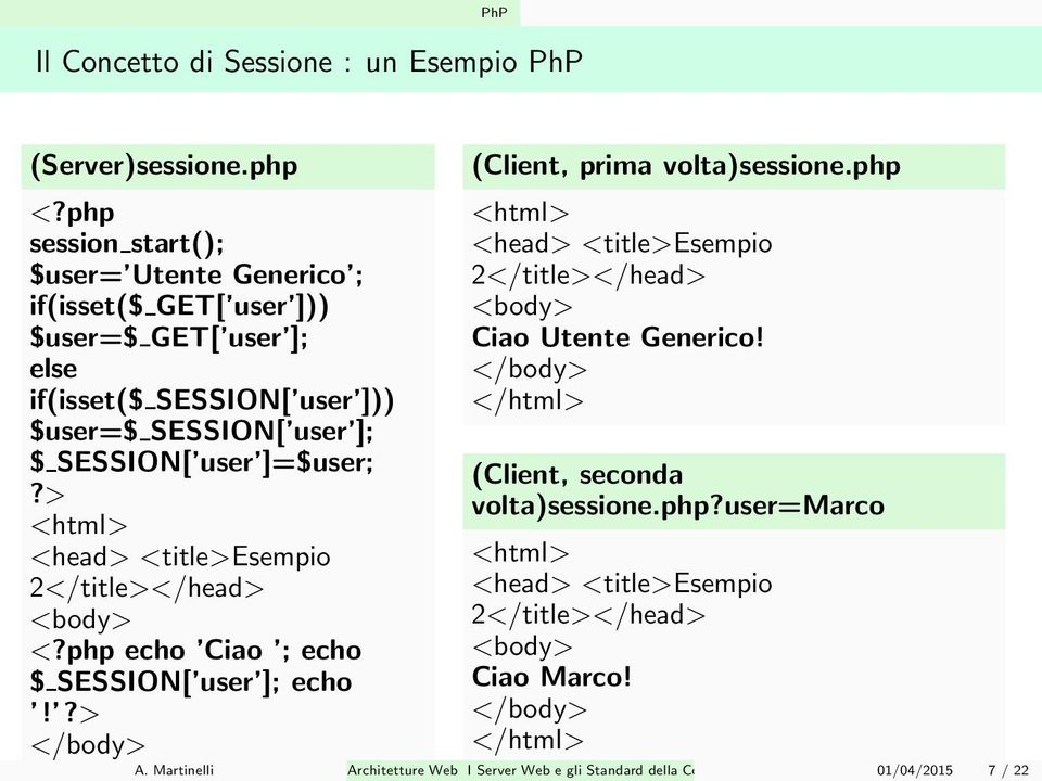 > <html> <head> <title>esempio 2</title></head> <body> <?php echo Ciao ; echo $ SESSION[ user ]; echo!?> </body> (Client, prima volta)sessione.