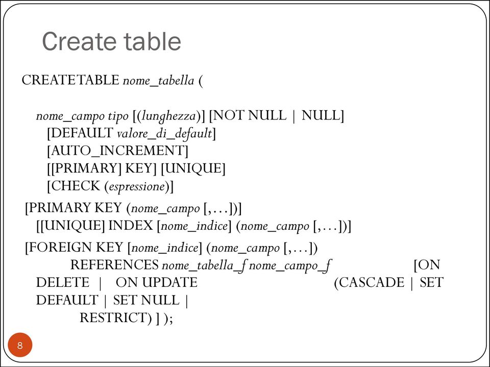 (nome_campo [, ])] [[UNIQUE] INDEX [nome_indice] (nome_campo [, ])] [FOREIGN KEY [nome_indice]